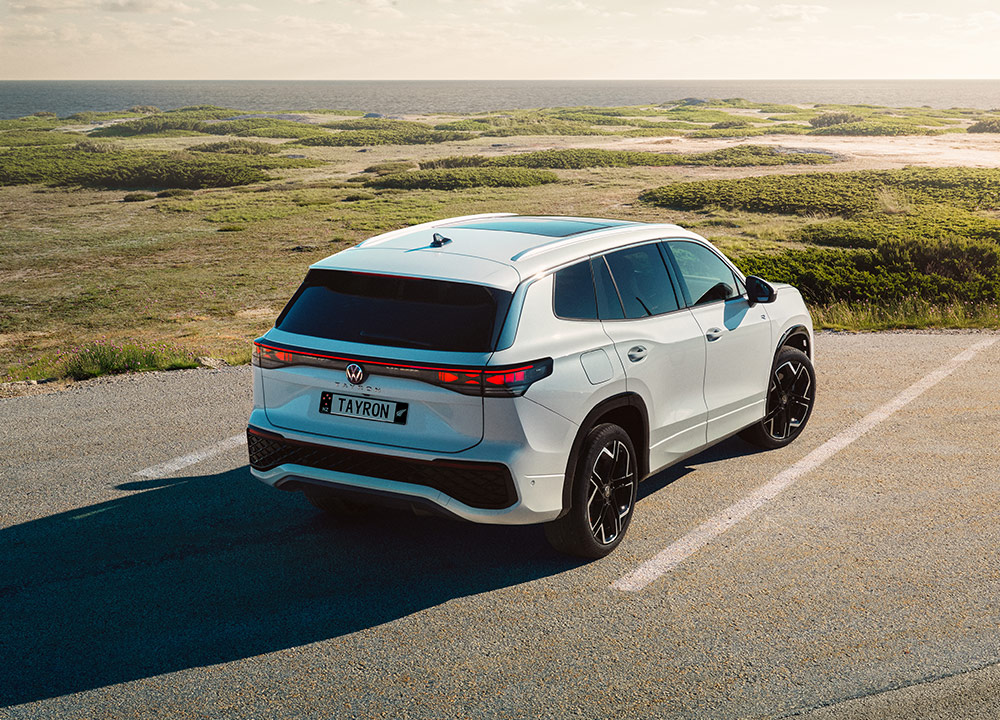 Rear of a silver SUV parked by the sea