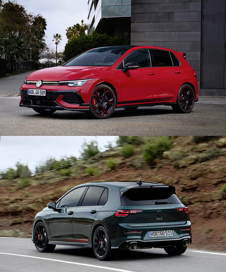 A red Golf GTI and a dark green Golf GTI collage